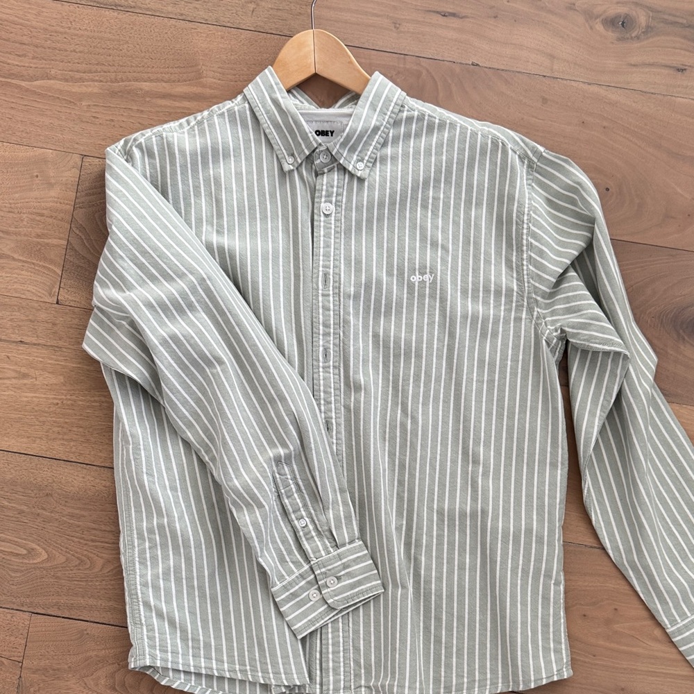 Obey Men's Light Green Striped Button Down Shirt
